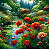 Diamond Painting - Lake with Red Flowers