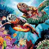 Pintar por números Tortugas con Peces en el Mar
